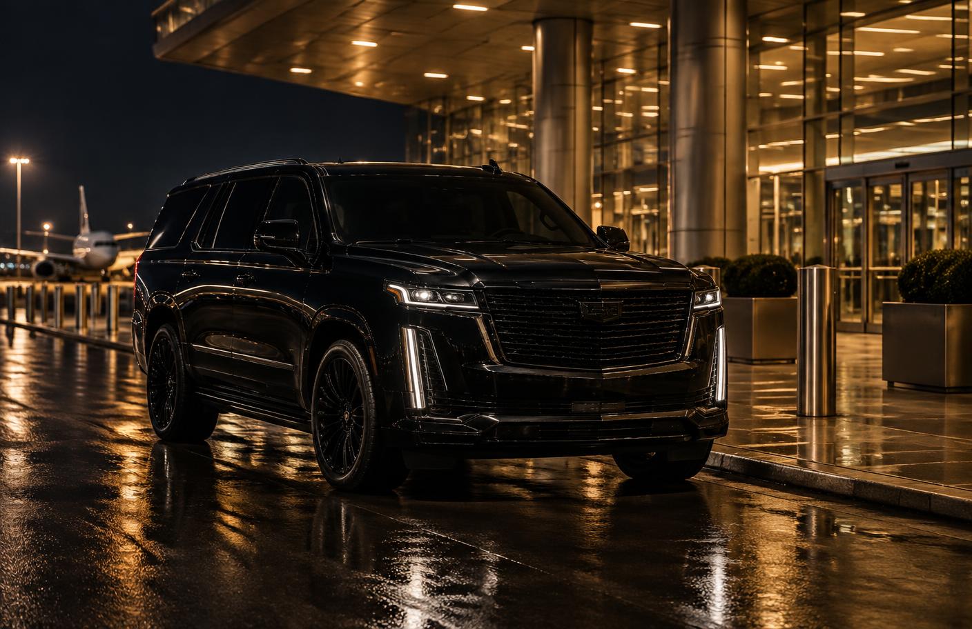 Black Cadillac Escalade waiting at an airport terminal at night