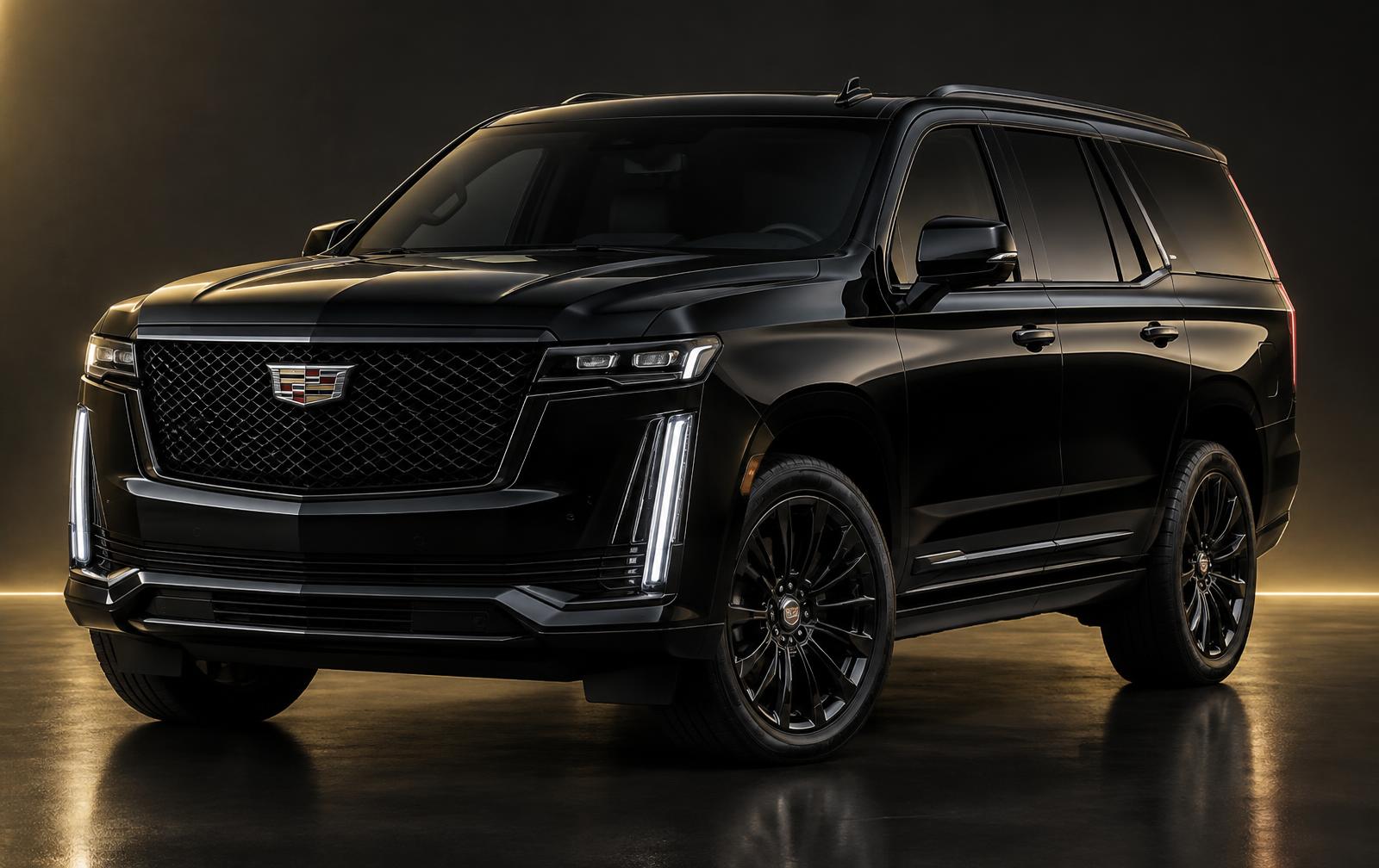 Black Cadillac Escalade, three-quarter front view